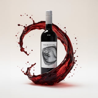 Wine bottle with a label featuring a fish  illustration, surrounded by red wine splashes on a light background.