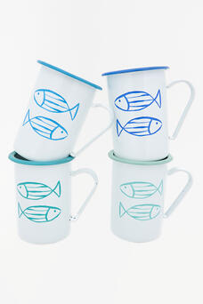 Set of Four Large Fish Enamel Mugs